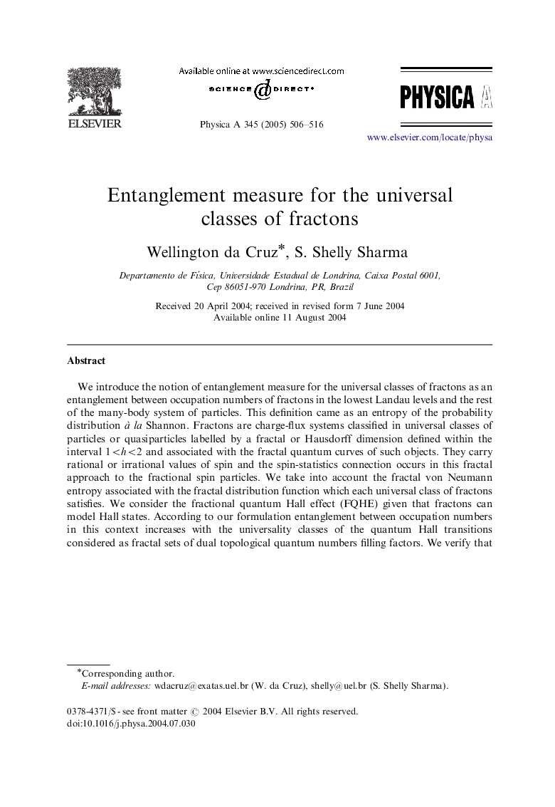 Entanglement measure for the universal classes of fractons