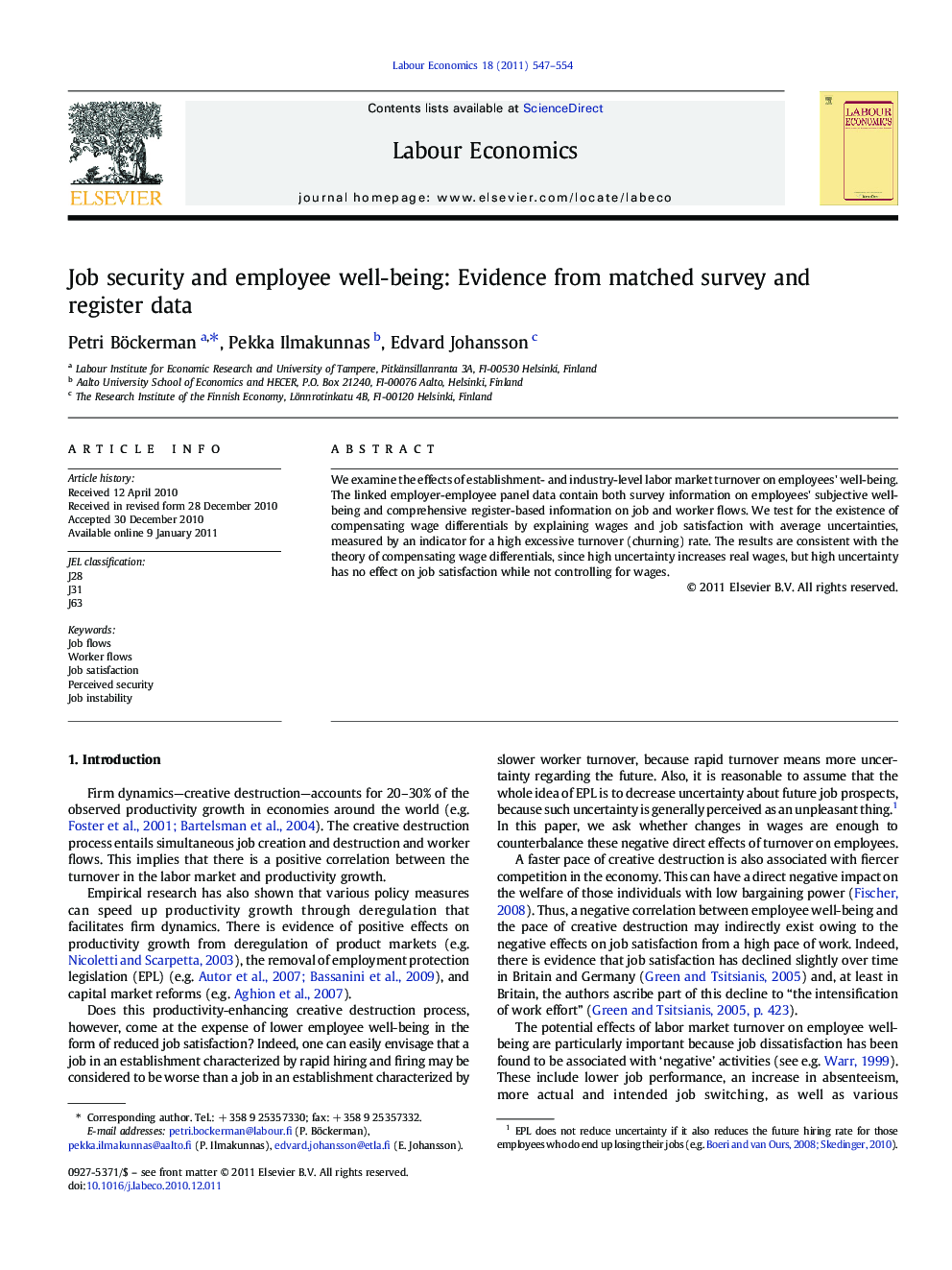 Job security and employee well-being: Evidence from matched survey and register data