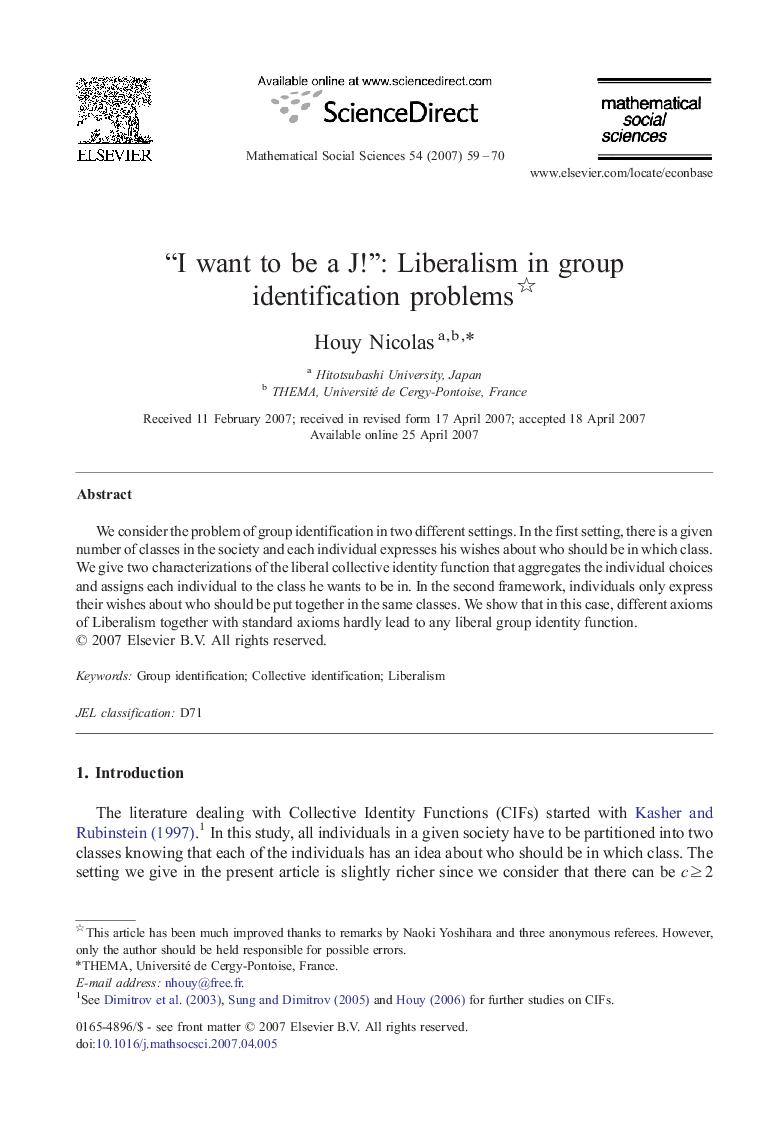 عکس صفحه اول مقاله: “I want to be a J!”: Liberalism in group identification problems “I want to be a J!”: Liberalism in group identification problems