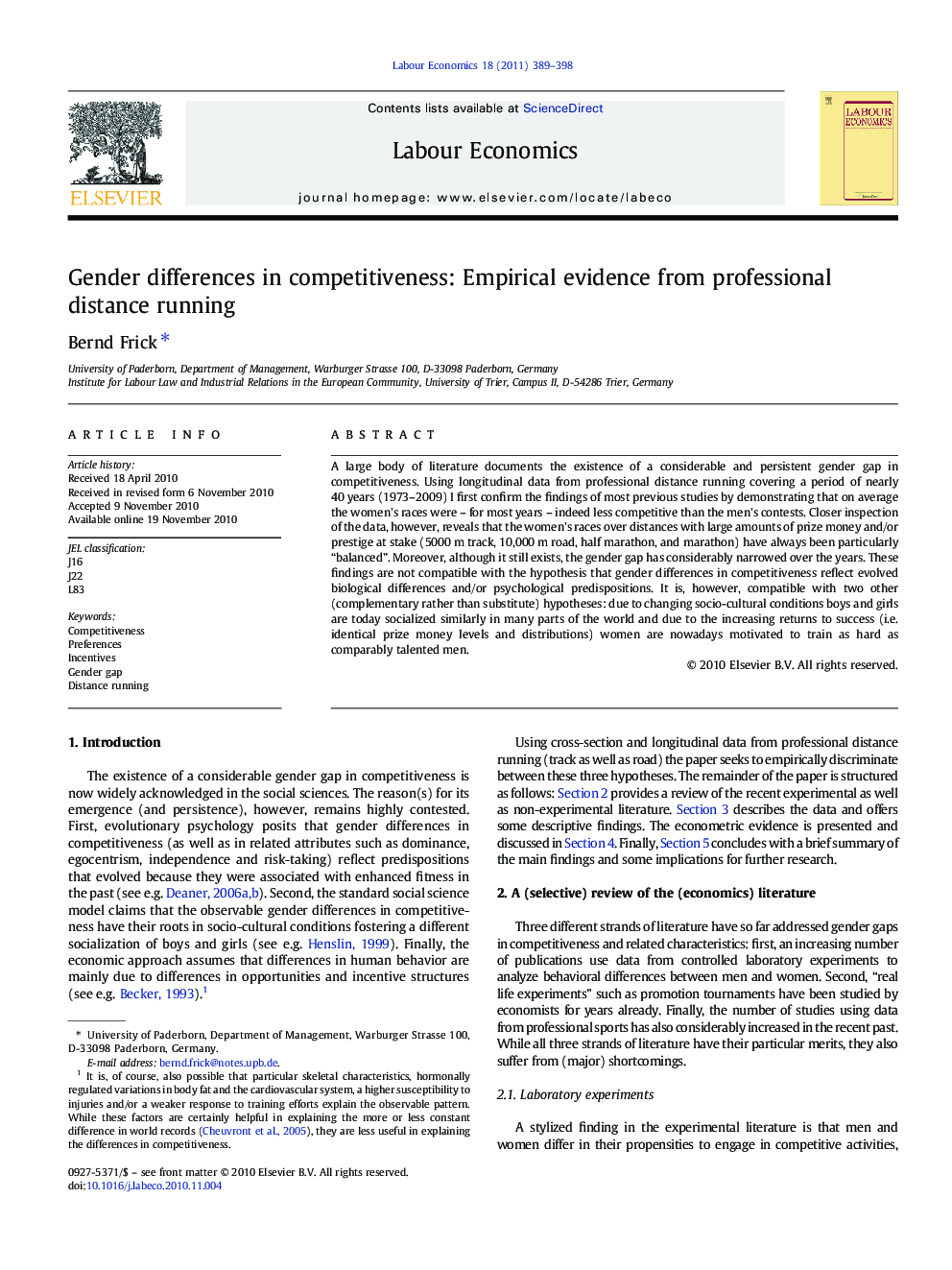 Gender differences in competitiveness: Empirical evidence from professional distance running