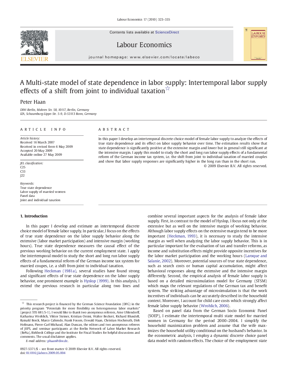 A Multi-state model of state dependence in labor supply: Intertemporal labor supply effects of a shift from joint to individual taxation 