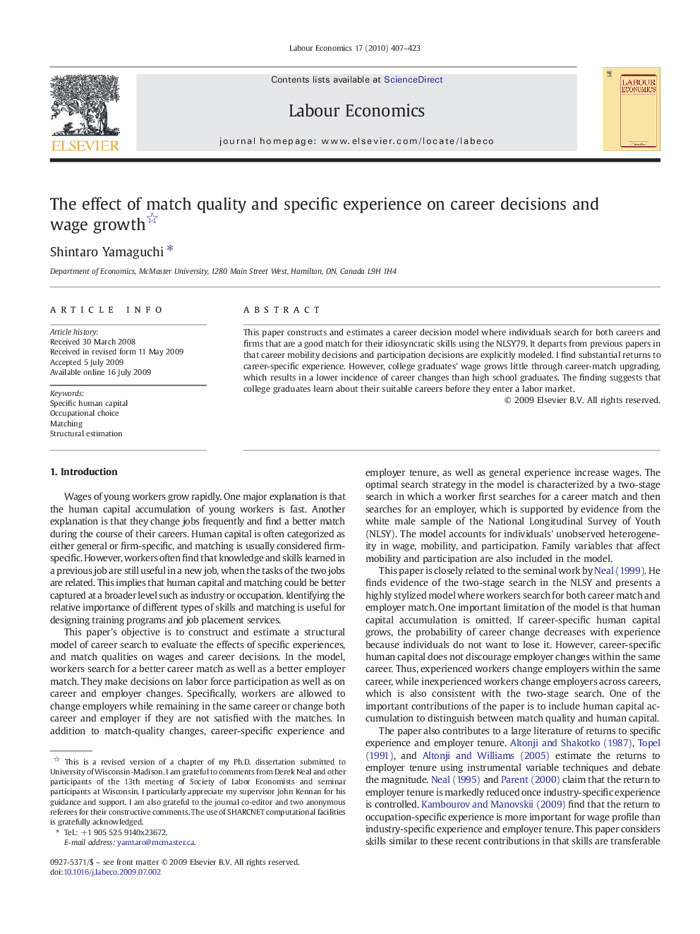 The effect of match quality and specific experience on career decisions and wage growth 