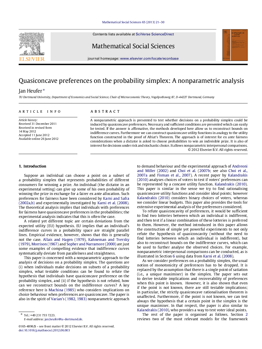 Quasiconcave preferences on the probability simplex: A nonparametric analysis