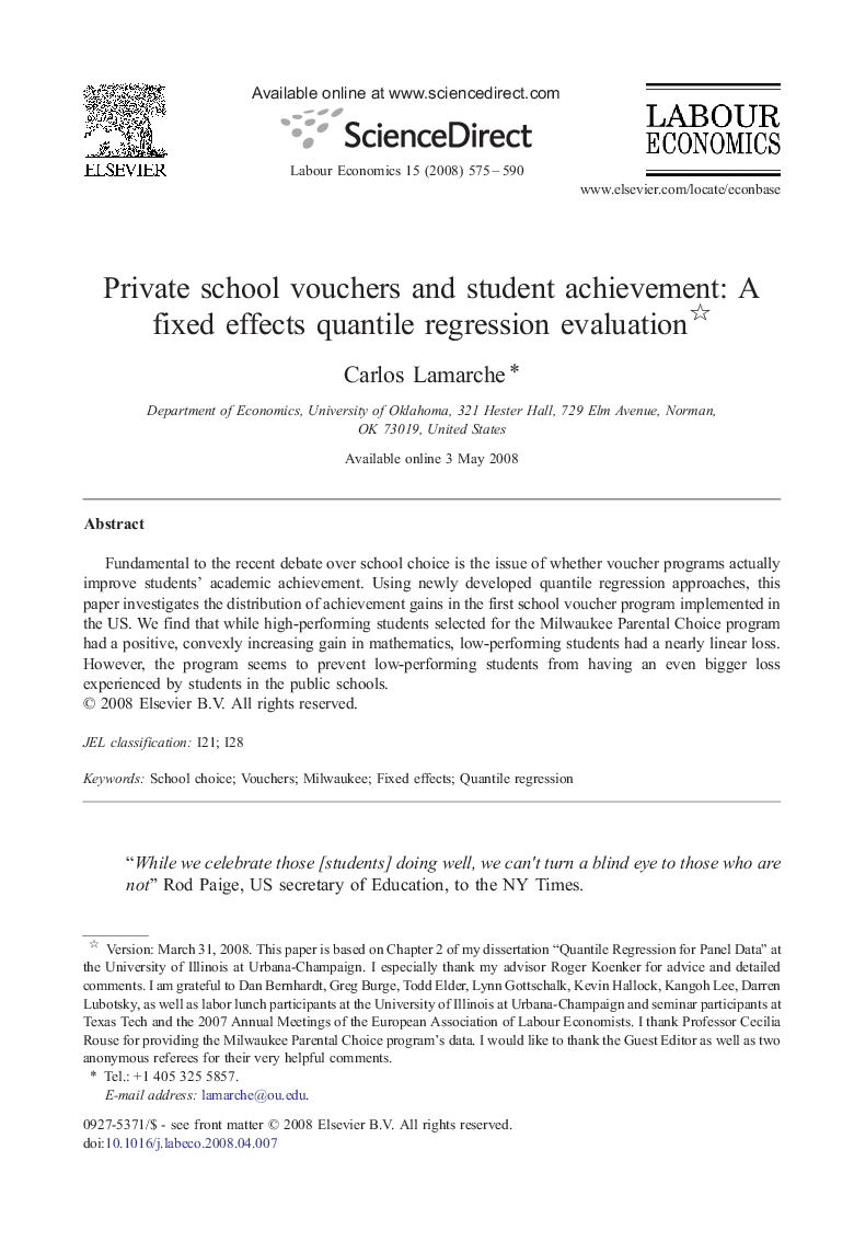 Private school vouchers and student achievement: A fixed effects quantile regression evaluation 