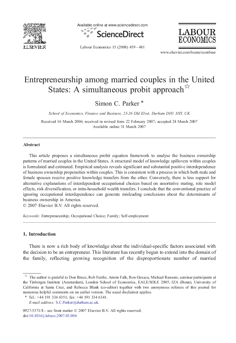 Entrepreneurship among married couples in the United States: A simultaneous probit approach 