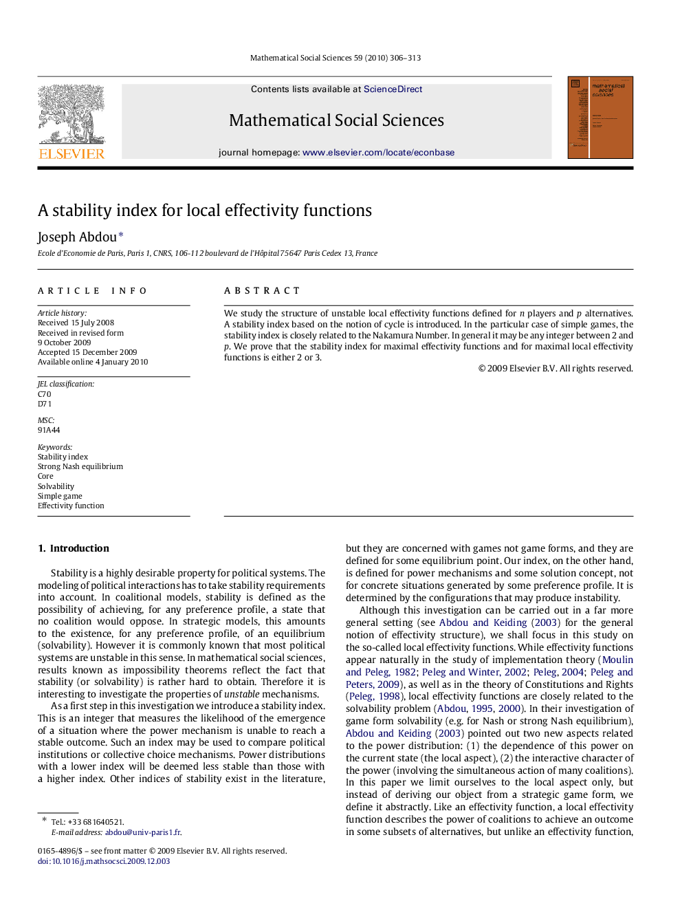 A stability index for local effectivity functions