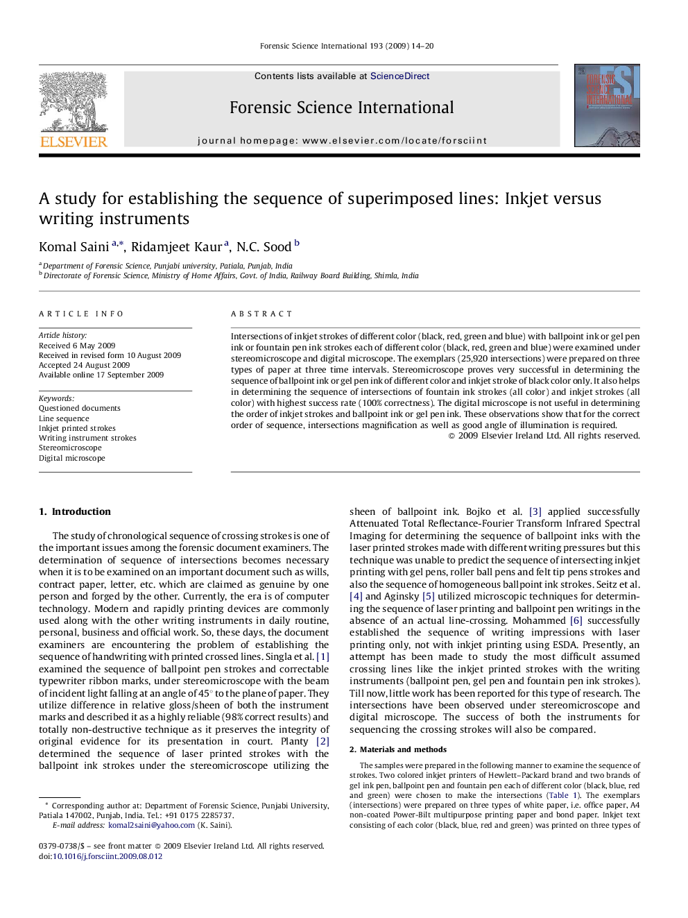 A study for establishing the sequence of superimposed lines: Inkjet versus writing instruments