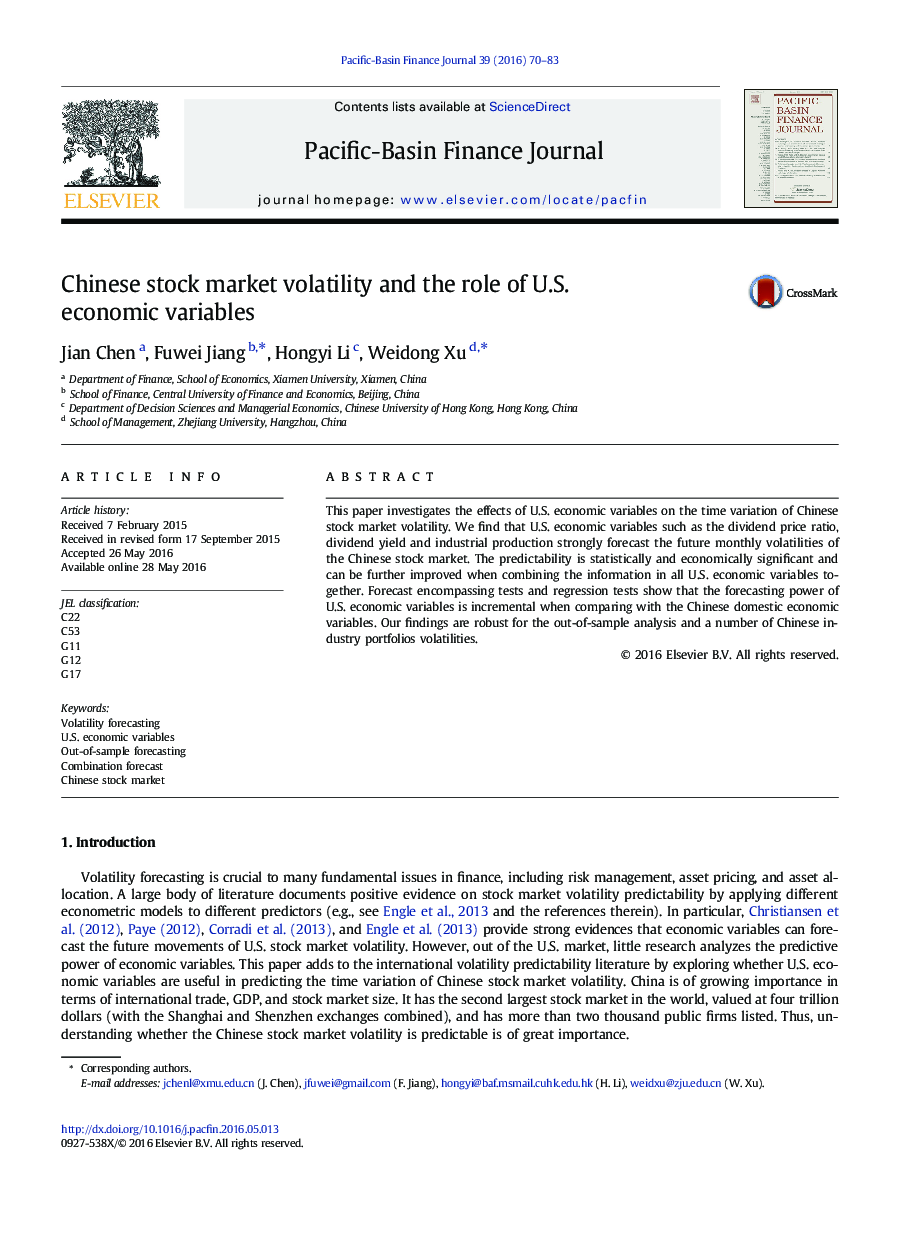 Chinese stock market volatility and the role of U.S. economic variables