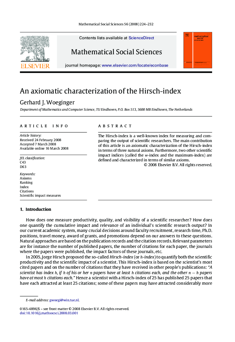 An axiomatic characterization of the Hirsch-index