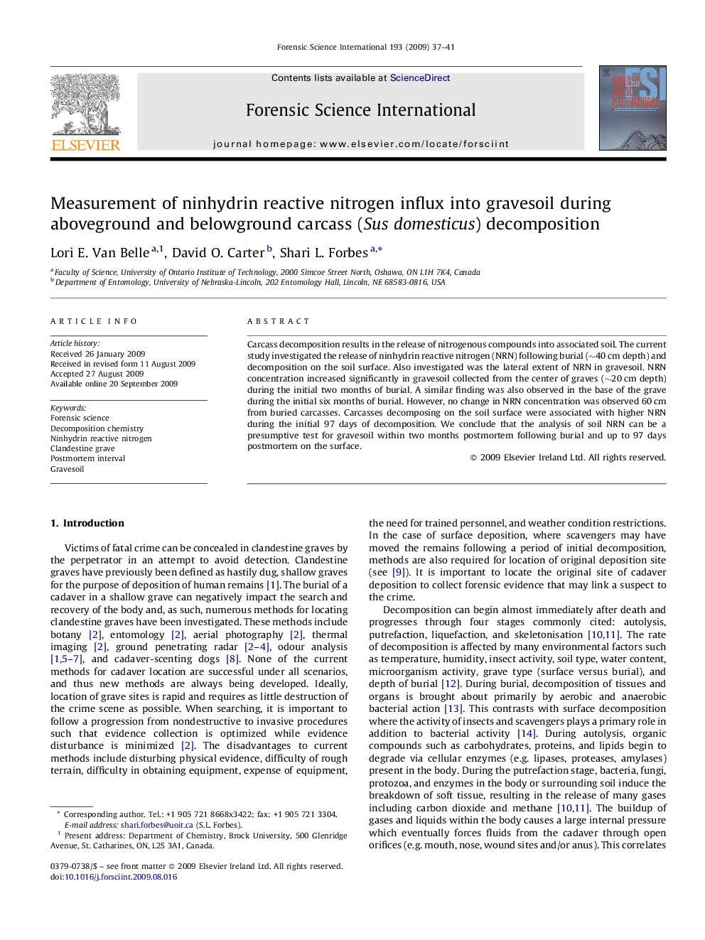 Measurement of ninhydrin reactive nitrogen influx into gravesoil during aboveground and belowground carcass (Sus domesticus) decomposition