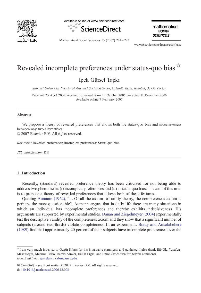 Revealed incomplete preferences under status-quo bias 