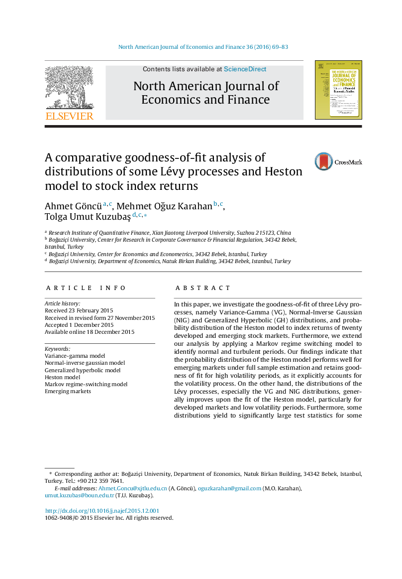 عکس صفحه اول مقاله: A comparative goodness-of-fit analysis of distributions of some Lévy processes and Heston model to stock index returns A comparative goodness-of-fit analysis of distributions of some Lévy processes and Heston model to stock index returns