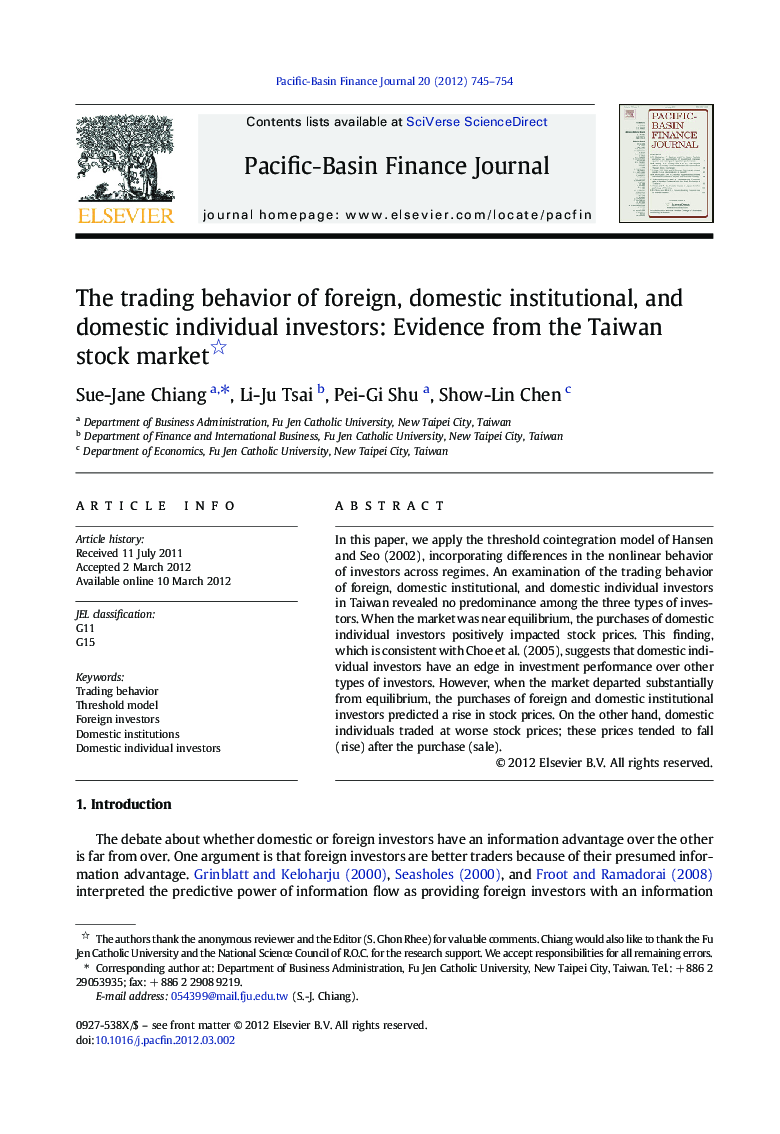 The trading behavior of foreign, domestic institutional, and domestic individual investors: Evidence from the Taiwan stock market 