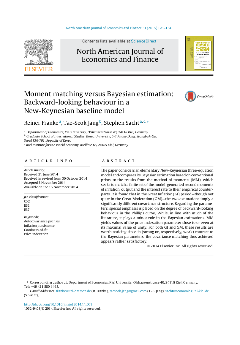 Moment matching versus Bayesian estimation: Backward-looking behaviour in a New-Keynesian baseline model