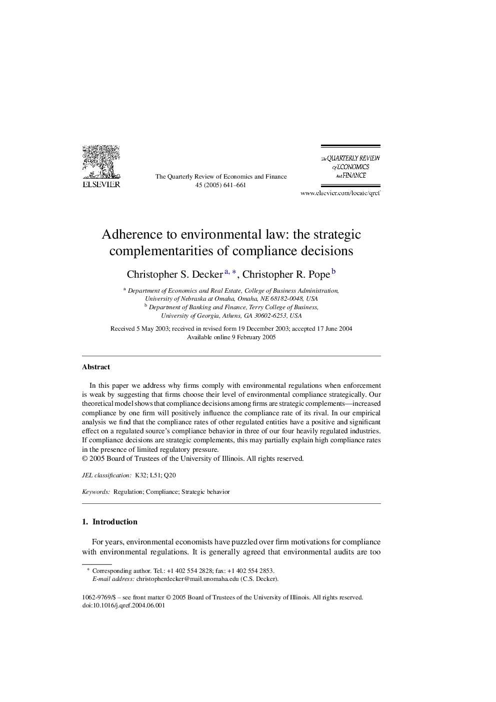 Adherence to environmental law: the strategic complementarities of compliance decisions