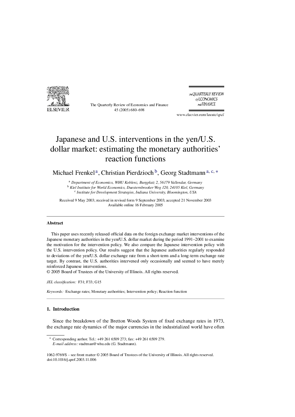 Japanese and U.S. interventions in the yen/U.S. dollar market: estimating the monetary authorities' reaction functions