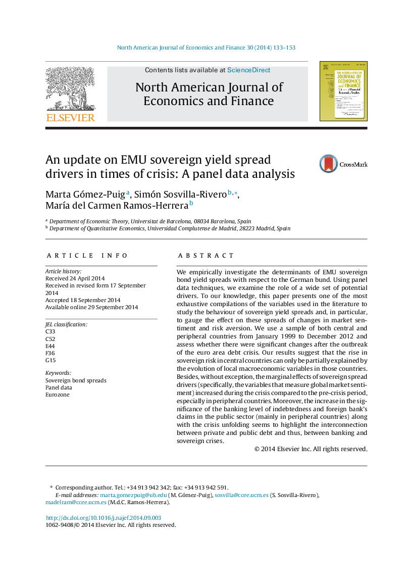 An update on EMU sovereign yield spread drivers in times of crisis: A panel data analysis