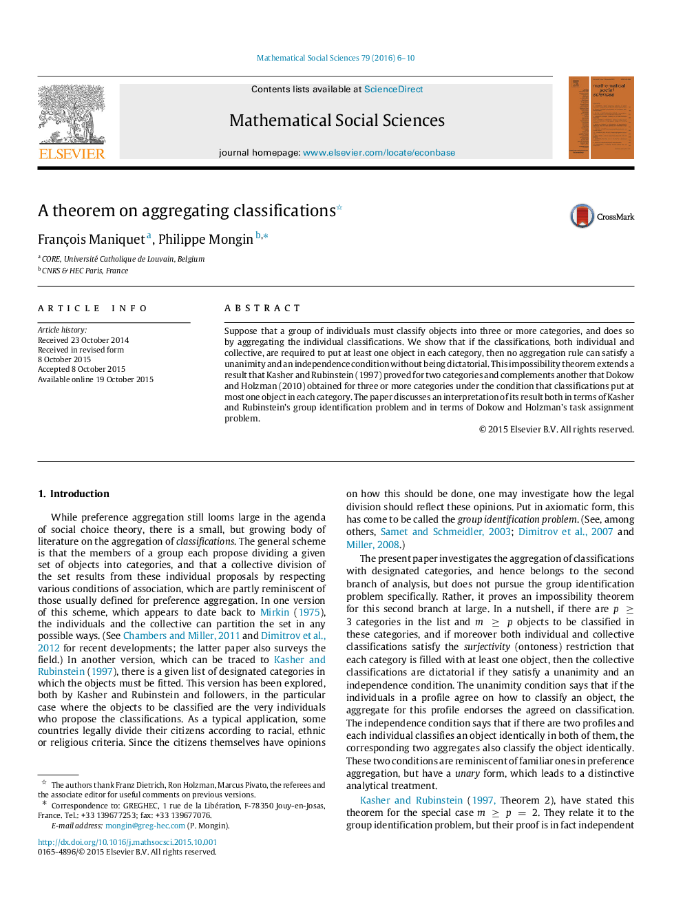 A theorem on aggregating classifications 