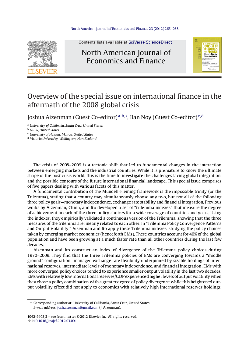 Overview of the special issue on international finance in the aftermath of the 2008 global crisis