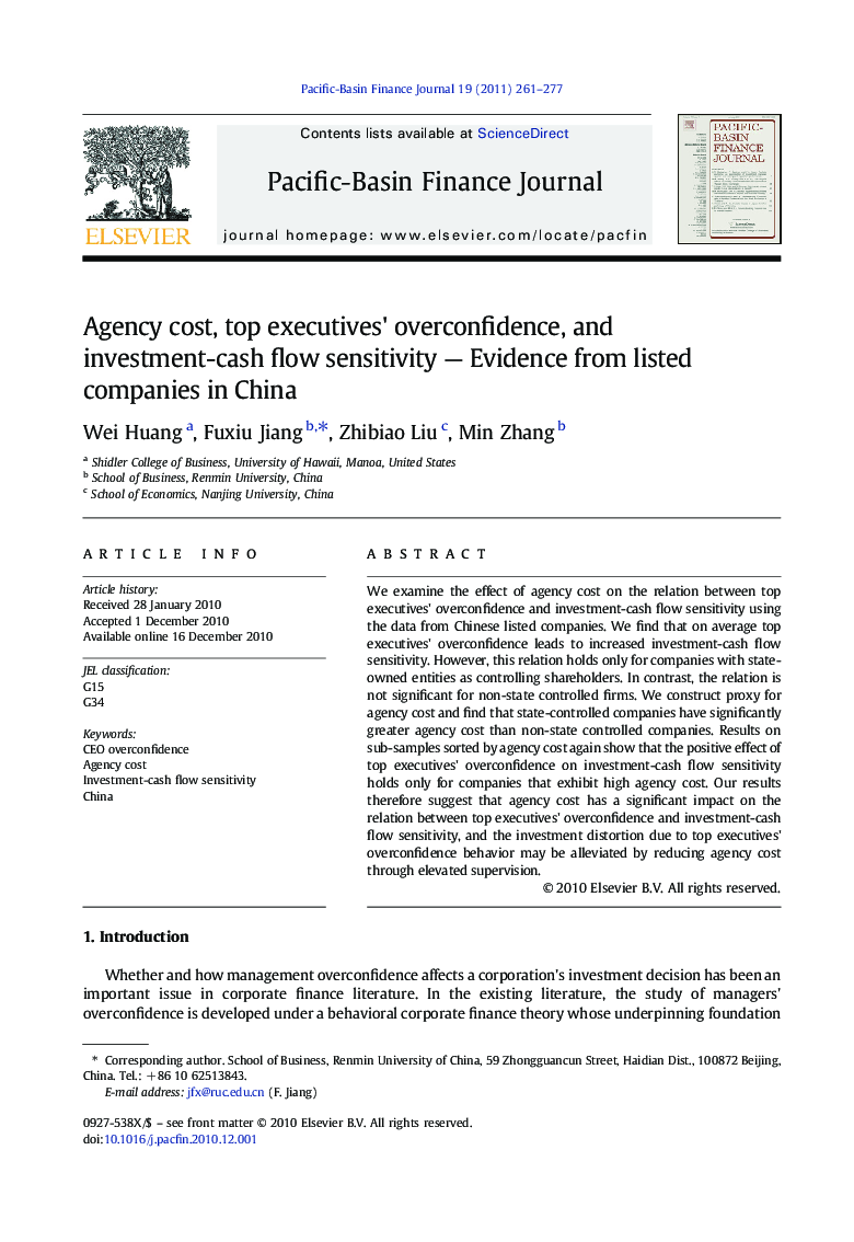 Agency cost, top executives' overconfidence, and investment-cash flow sensitivity — Evidence from listed companies in China