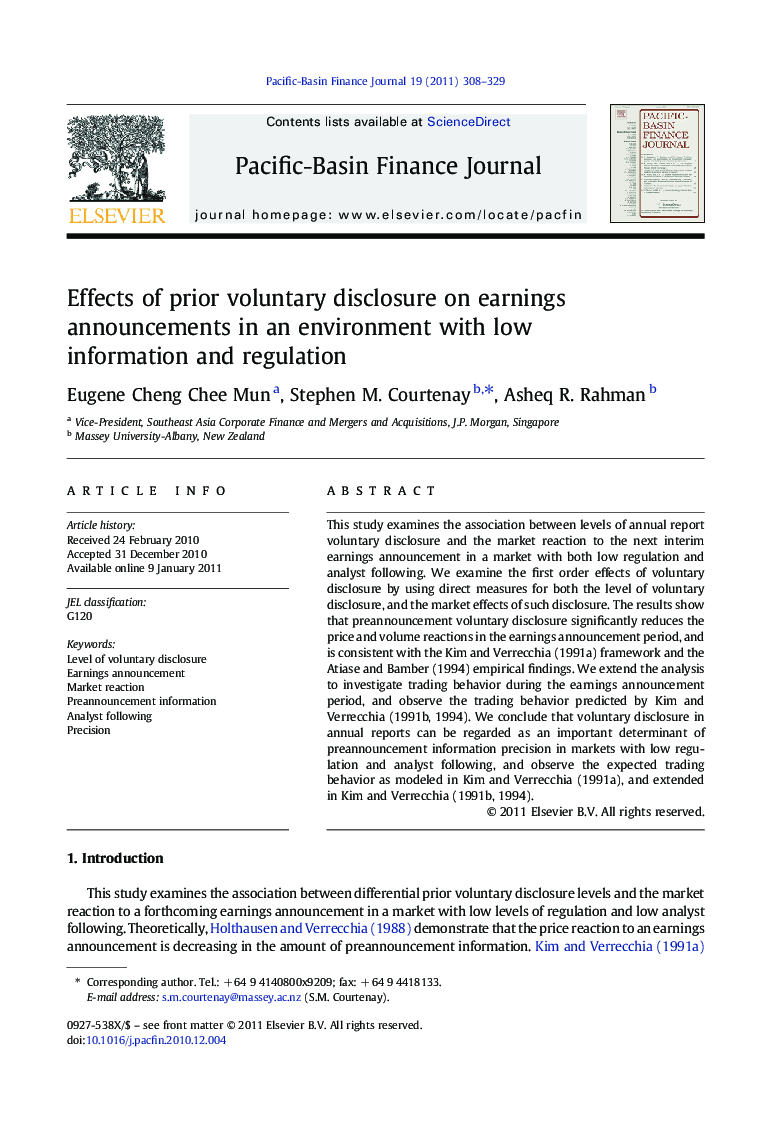 Effects of prior voluntary disclosure on earnings announcements in an environment with low information and regulation