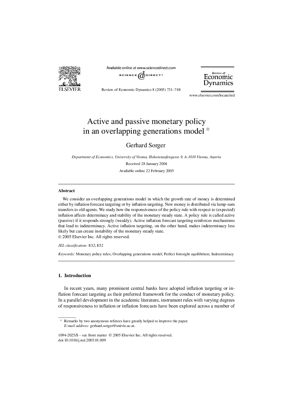 Active and passive monetary policy in an overlapping generations model