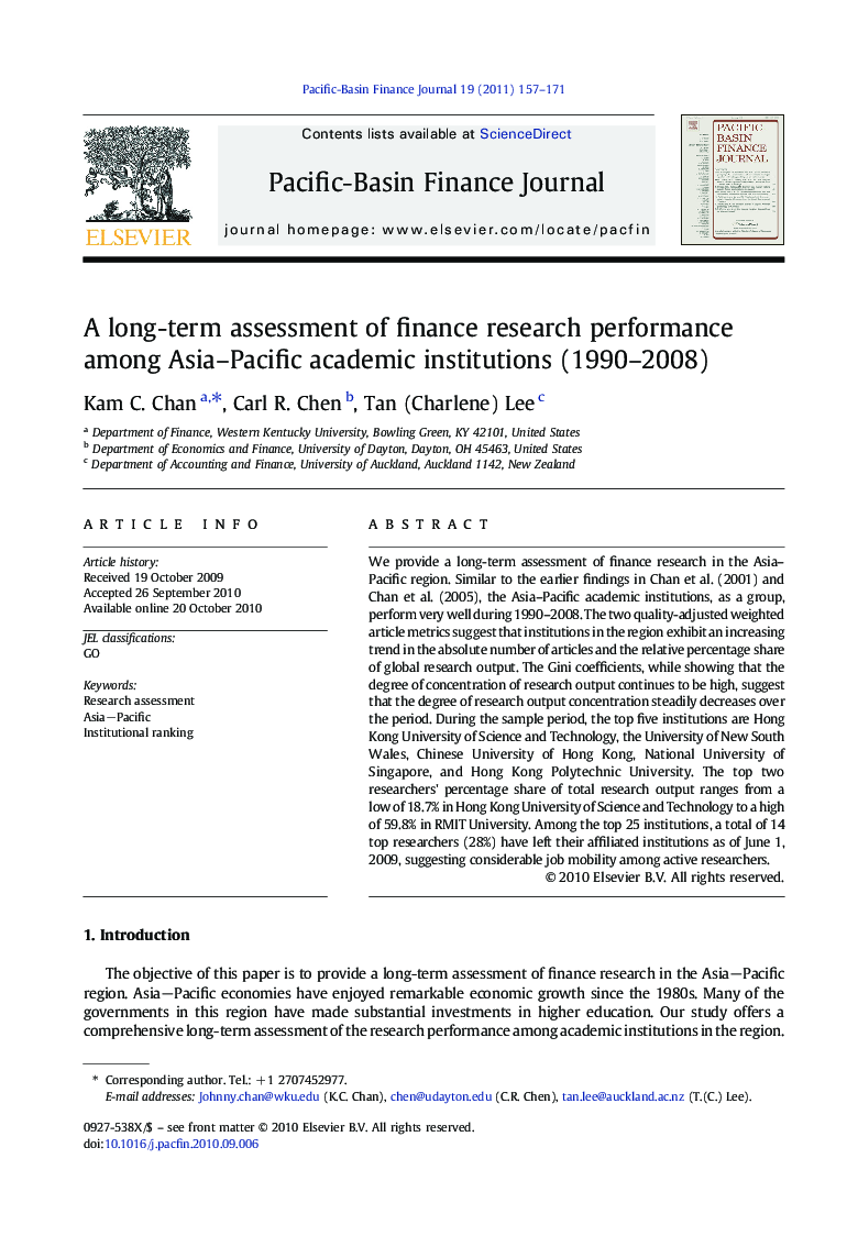 A long-term assessment of finance research performance among Asia–Pacific academic institutions (1990–2008)