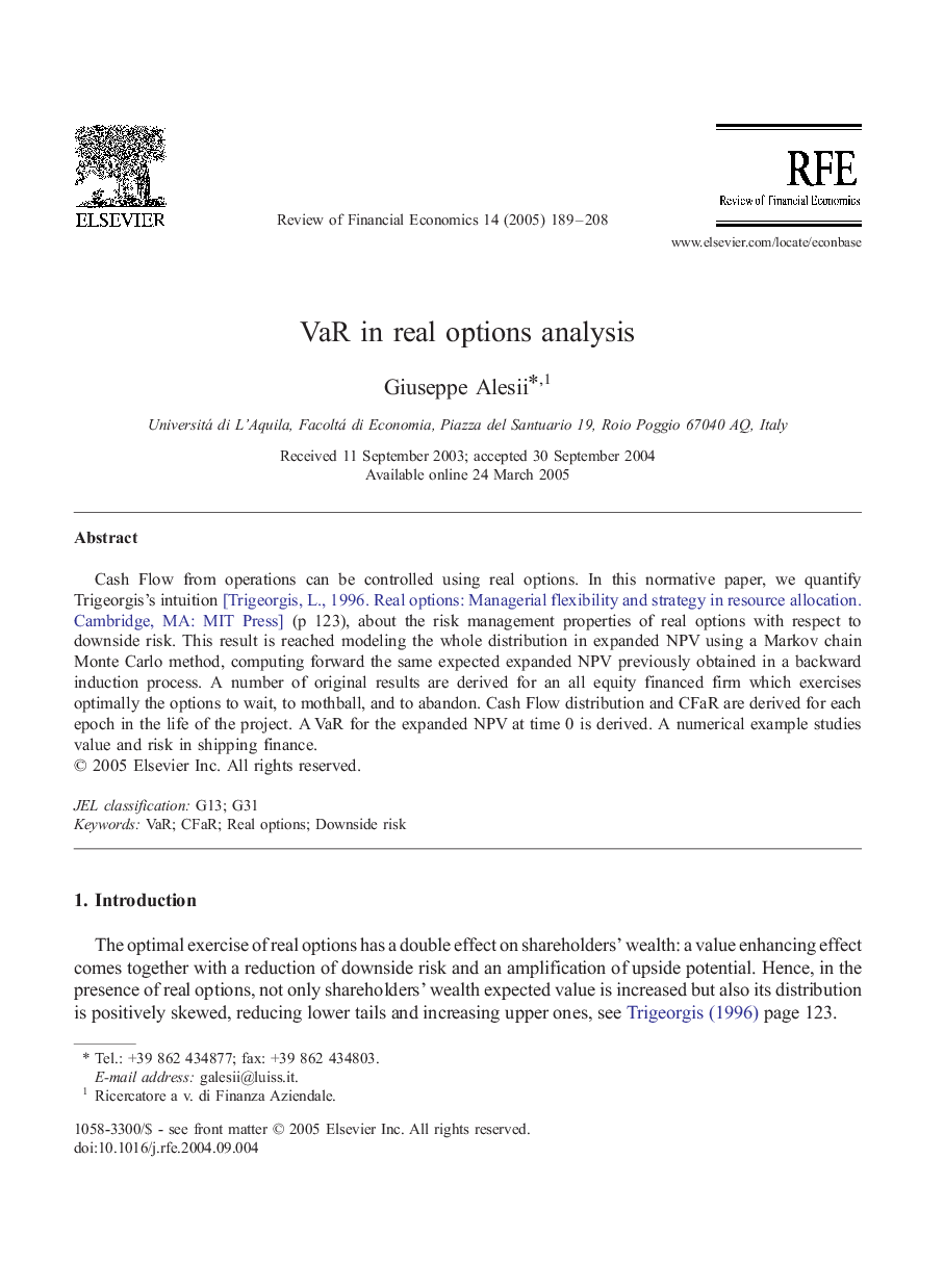 VaR in real options analysis