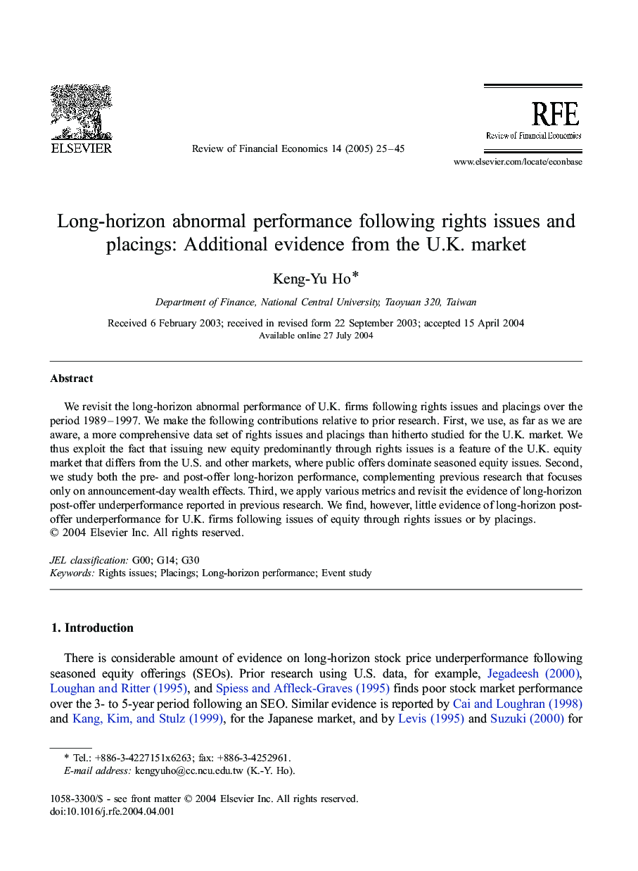 Long-horizon abnormal performance following rights issues and placings: Additional evidence from the U.K. market