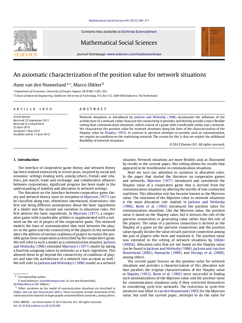An axiomatic characterization of the position value for network situations