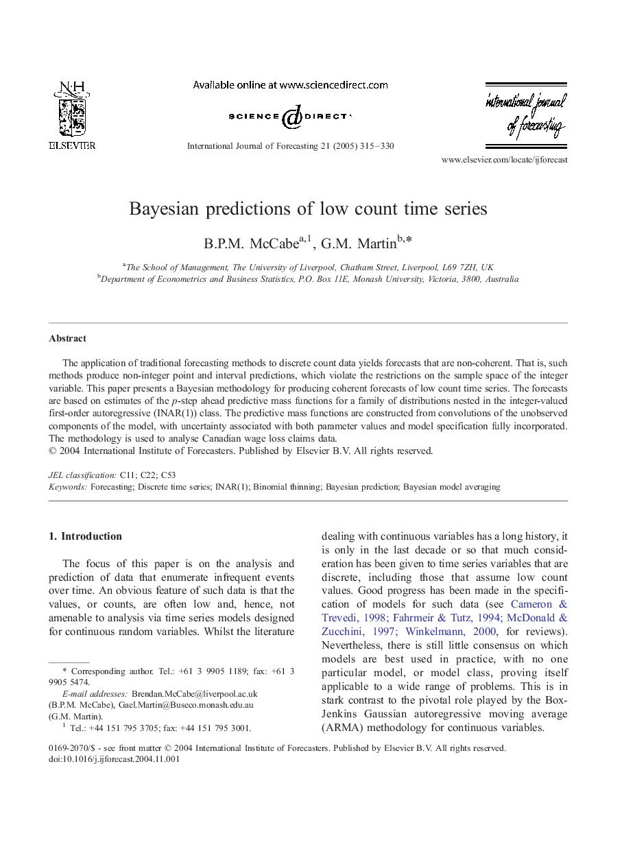 Bayesian predictions of low count time series