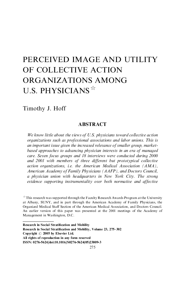 Perceived Image and Utility of Collective Action Organizations Among U.S. Physicians