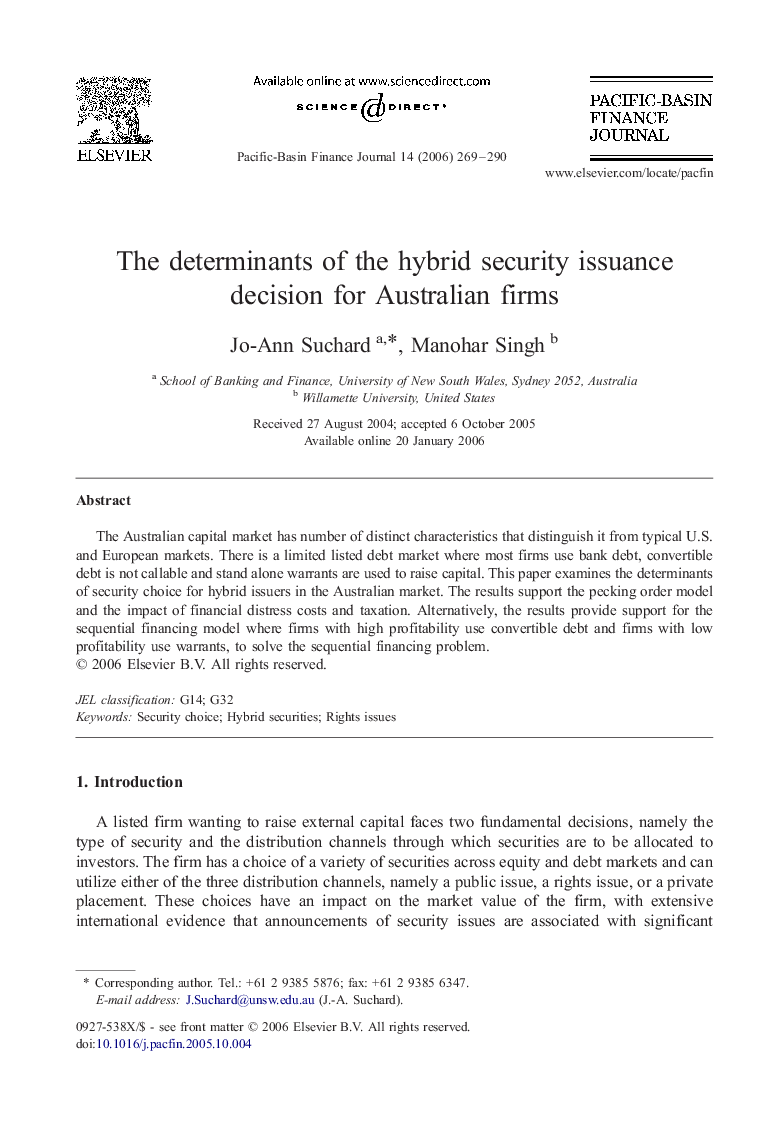 The determinants of the hybrid security issuance decision for Australian firms