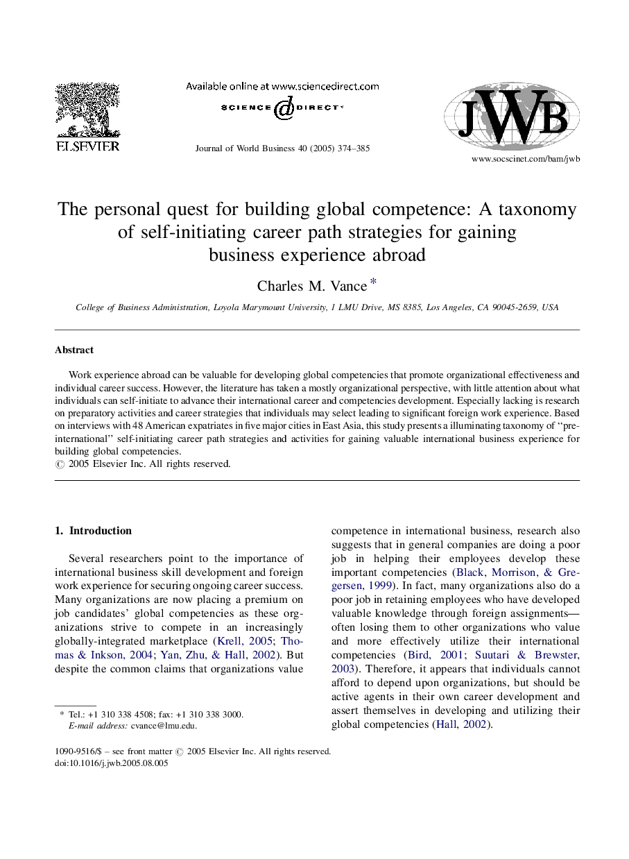 The personal quest for building global competence: A taxonomy of self-initiating career path strategies for gaining business experience abroad