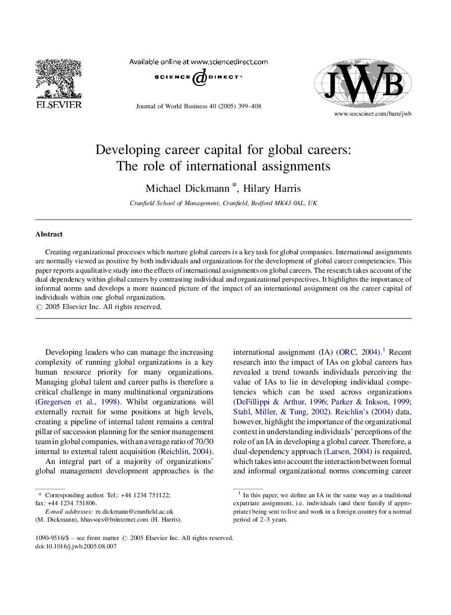 Developing career capital for global careers: The role of international assignments