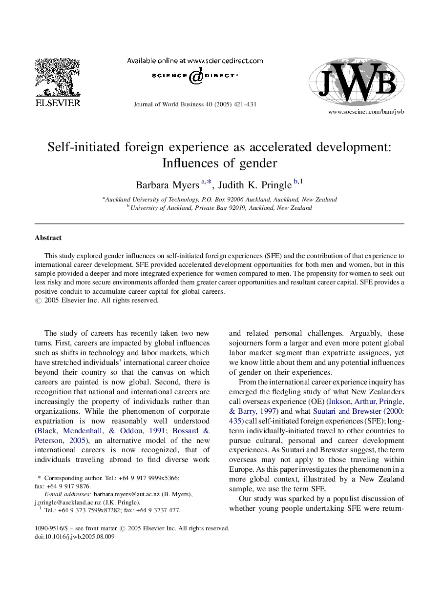 Self-initiated foreign experience as accelerated development: Influences of gender