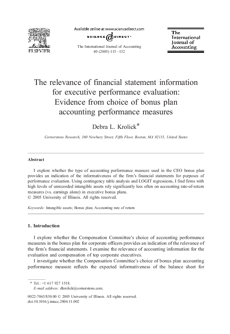 The relevance of financial statement information for executive performance evaluation: Evidence from choice of bonus plan accounting performance measures