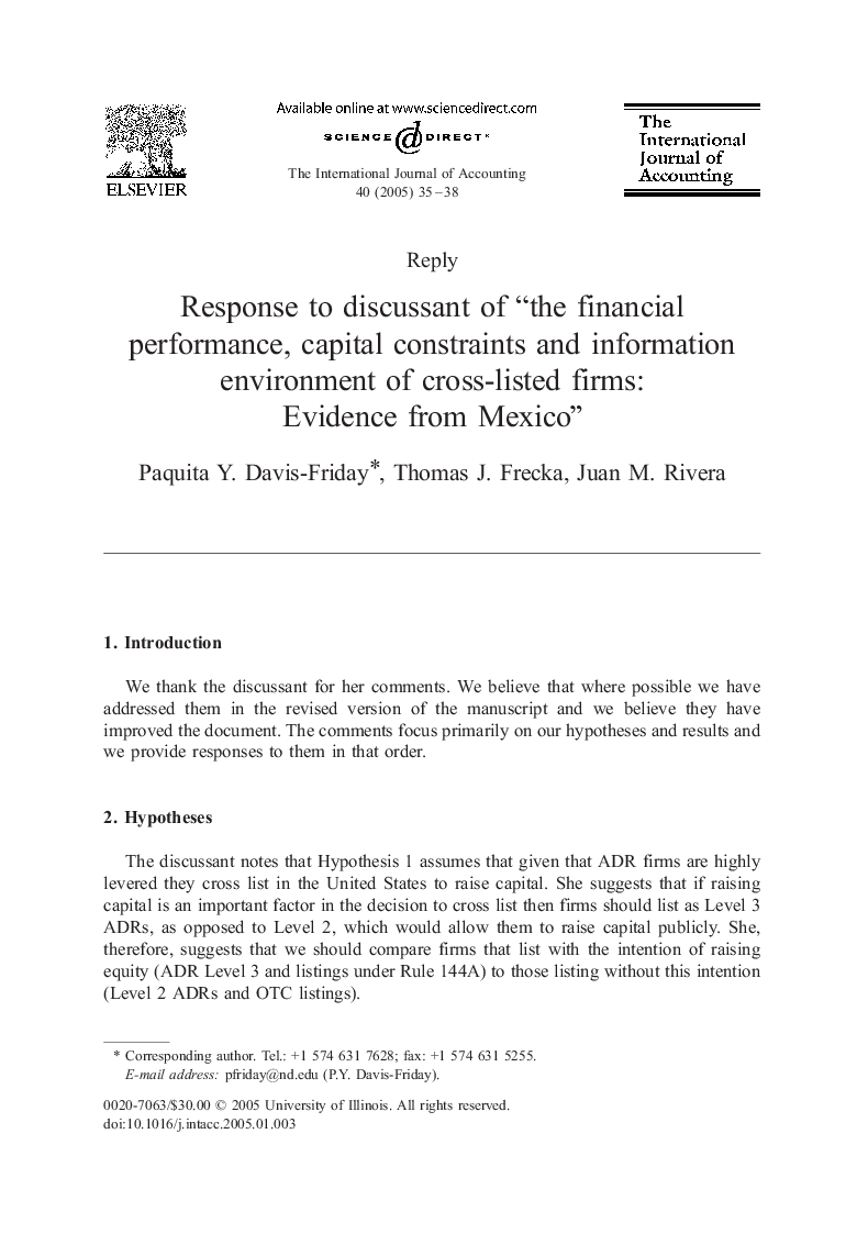 Response to discussant of “the financial performance, capital constraints and information environment of cross-listed firms: Evidence from Mexico”