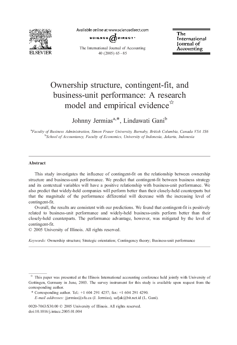 Ownership structure, contingent-fit, and business-unit performance: A research model and empirical evidence