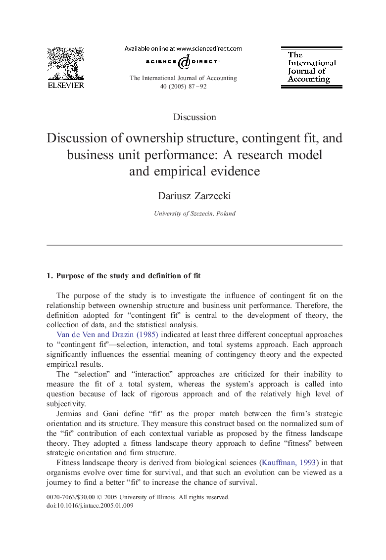 Discussion of ownership structure, contingent fit, and business unit performance: A research model and empirical evidence