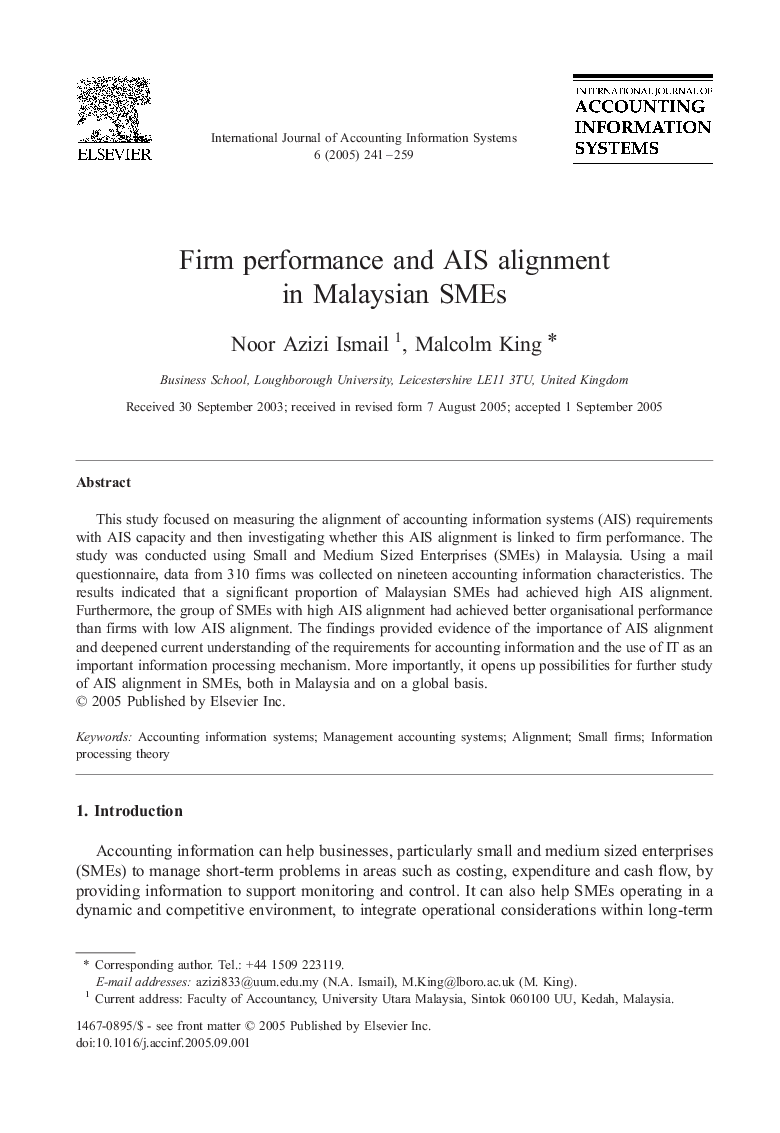 Firm performance and AIS alignment in Malaysian SMEs