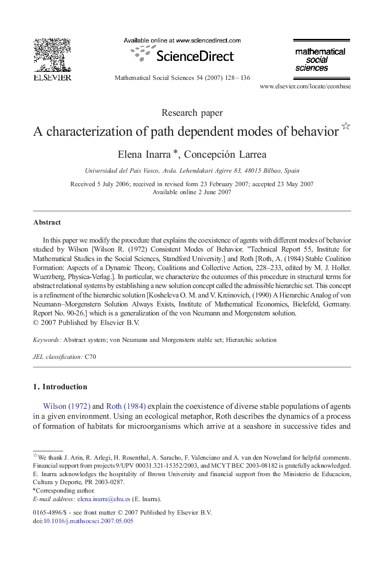 A characterization of path dependent modes of behavior 