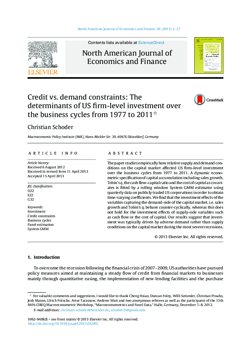 Credit vs. demand constraints: The determinants of US firm-level investment over the business cycles from 1977 to 2011 ⿿