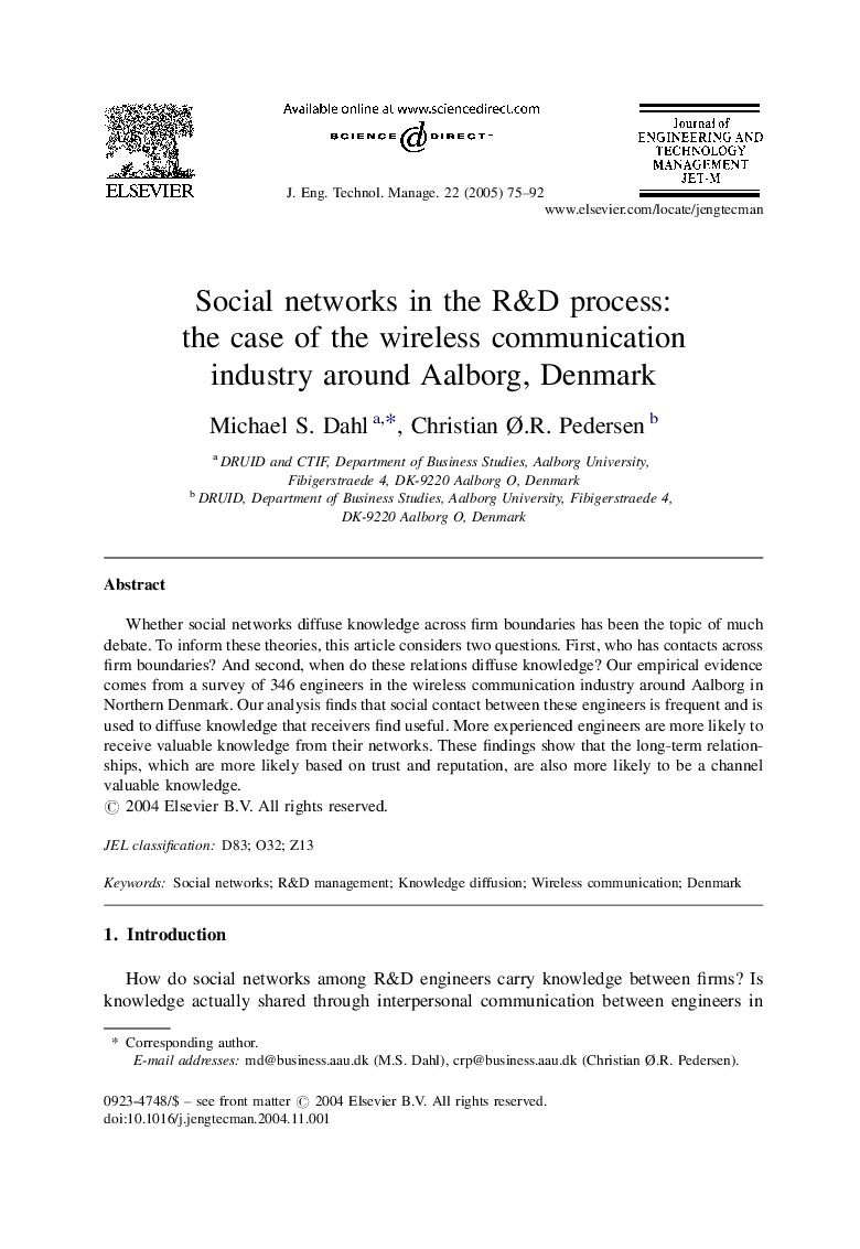 Social networks in the R&D process: the case of the wireless communication industry around Aalborg, Denmark