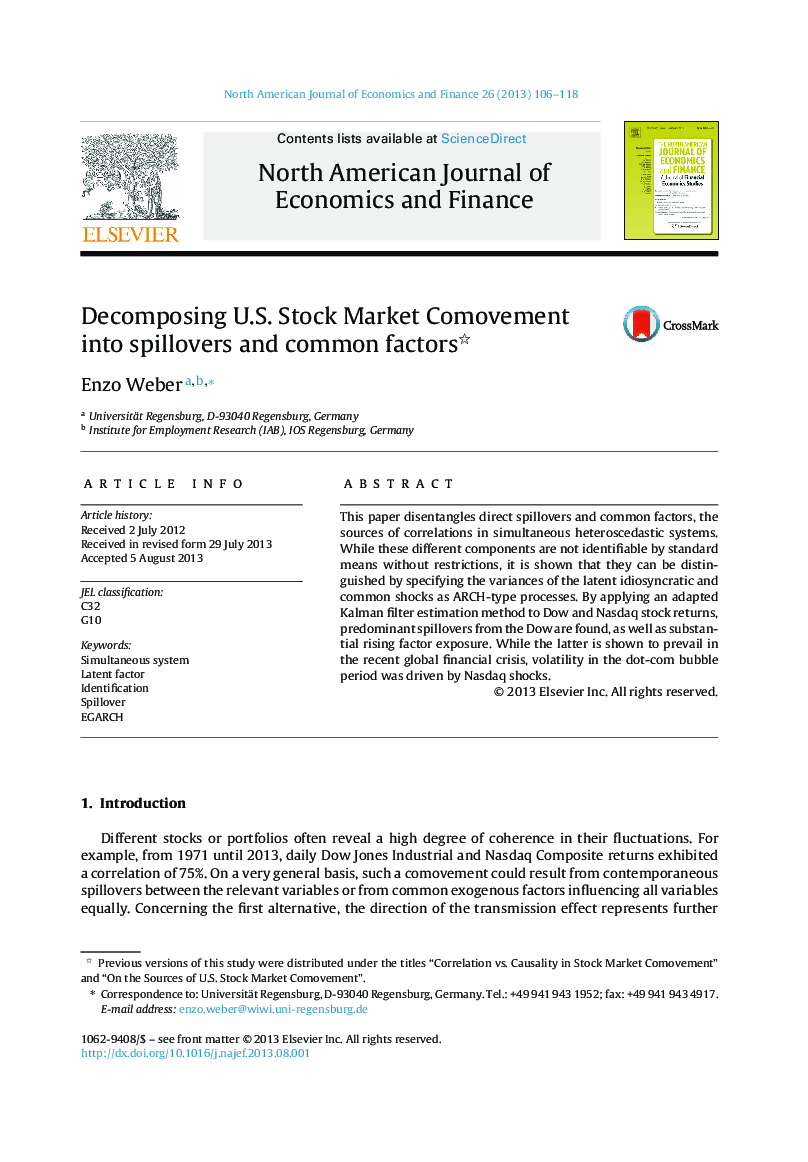 عکس صفحه اول مقاله: Decomposing U.S. Stock Market Comovement into spillovers and common factors Decomposing U.S. Stock Market Comovement into spillovers and common factors