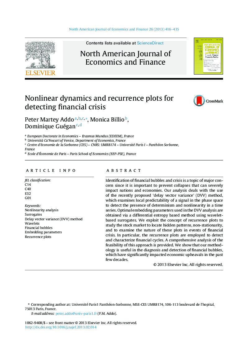Nonlinear dynamics and recurrence plots for detecting financial crisis