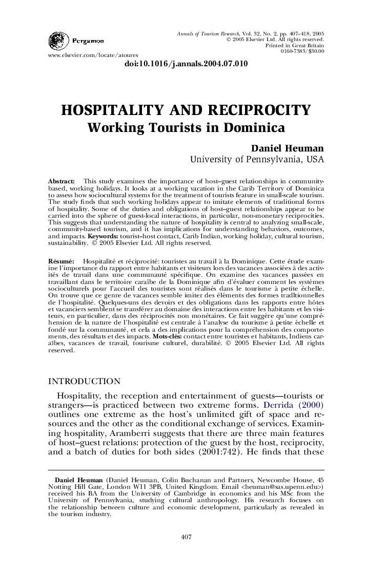 Hospitality and reciprocity