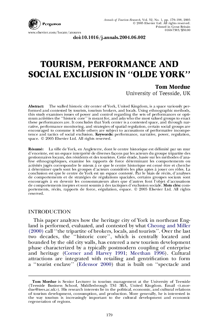 TOURISM, PERFORMANCE AND SOCIAL EXCLUSION IN “OLDE YORK”