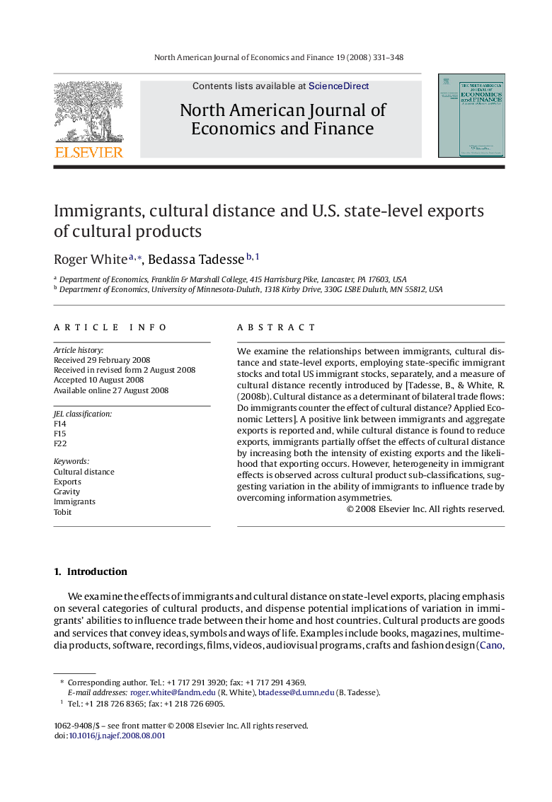 Immigrants, cultural distance and U.S. state-level exports of cultural products