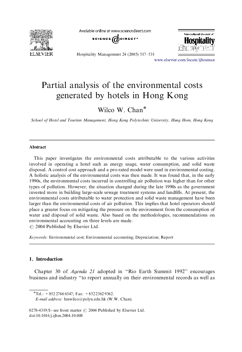 Partial analysis of the environmental costs generated by hotels in Hong Kong